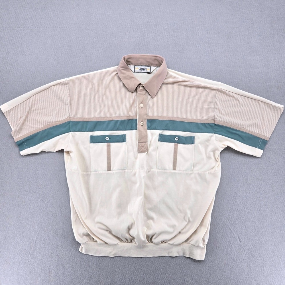 Colorblock Banded Bottom Polo Shirt Classics by Palmland Tan Gray L XL Vintage